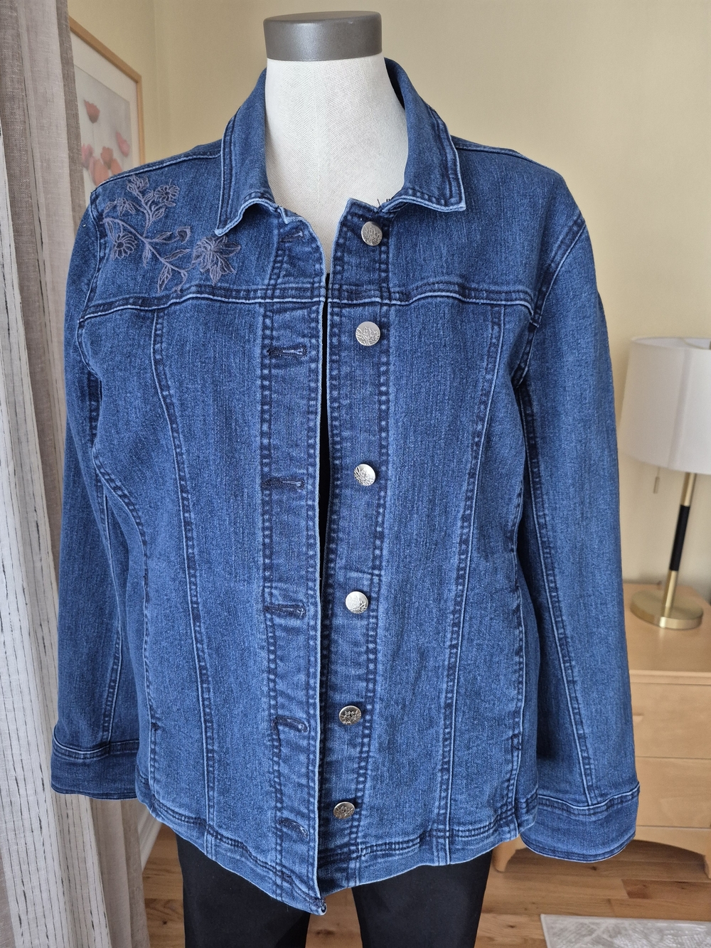 Women's Dark Blue Denim Jacket with Embroidered Detail